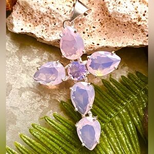 Pink Opalite Crystal 925 Sterling Silver Cross 2.5” Pendant